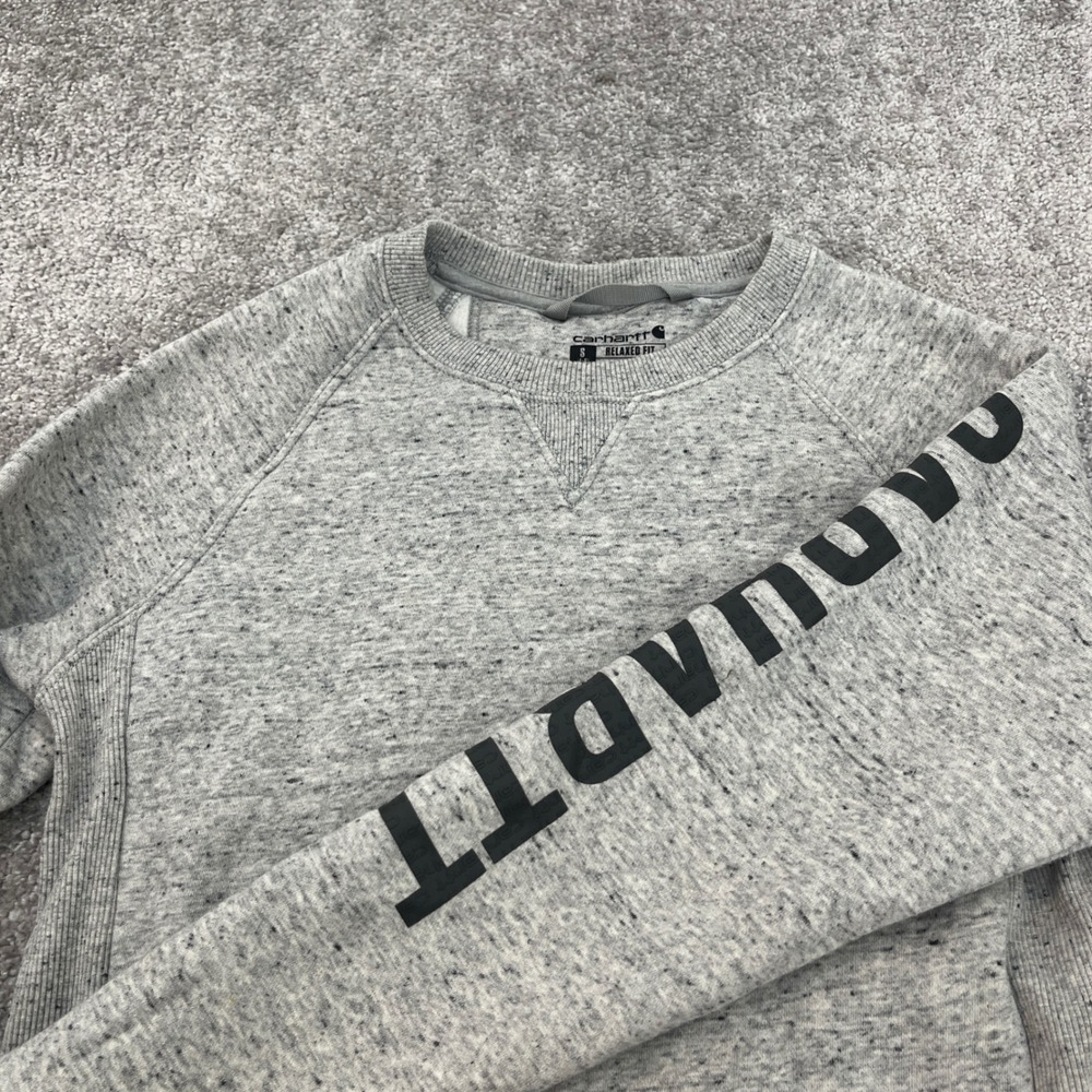 Carhartt Sweatshirt Womens Small Relaxed Fit Fleece Gray Logo Sleeve Crewneck
